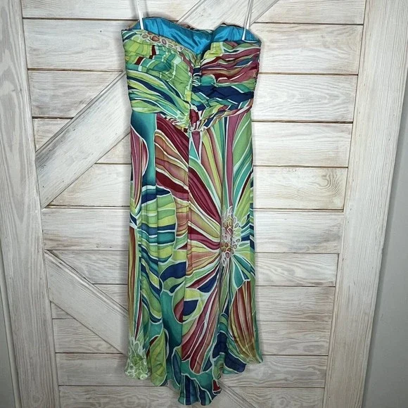 David Meister Strapless Psychedelic Green Floral Ruched Mid Calf Maxi Dress - Picture 2 of 6